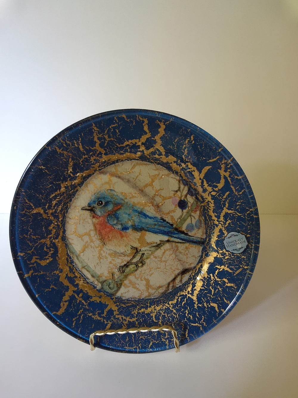 Handcrafted Blue and Gold Decorative Bird Plate -